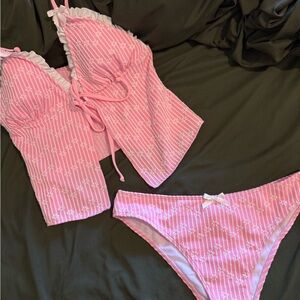 Pink Striped Lace-Trim Camisole & Bikini Set - Women swimsuit